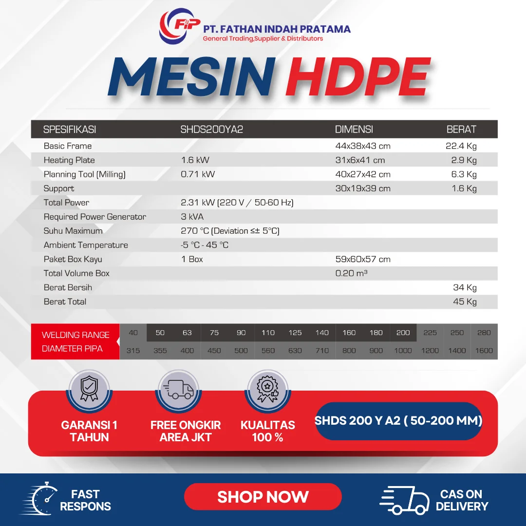 Mesin Las Pemanas Penyambung Pipa HDPE SHDS 200 Y A2 ( 50 – 200 )