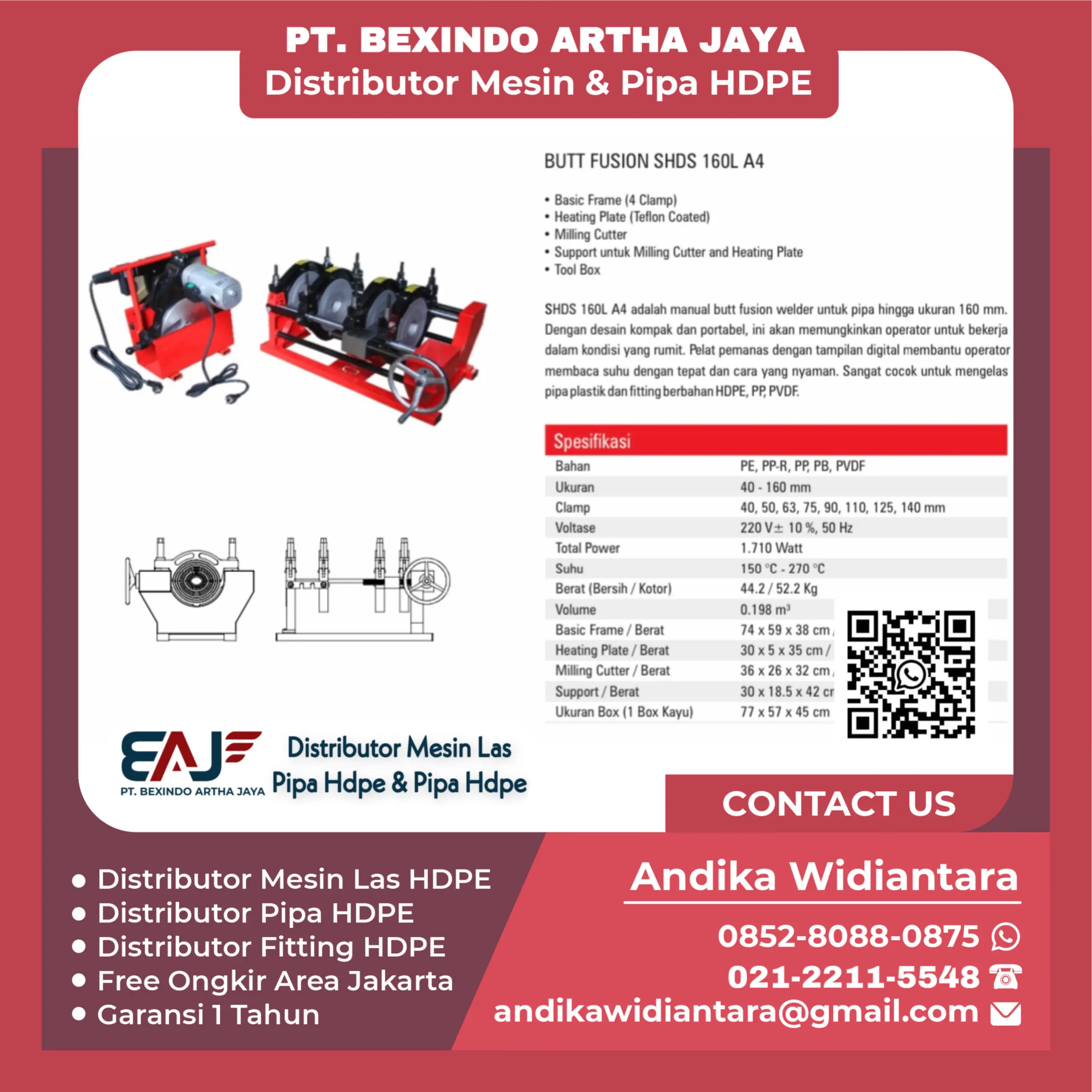 Mesin Las HDPE Type SHDS 160 Manual Ukuran Pipa 40 mm sampai 160 mm