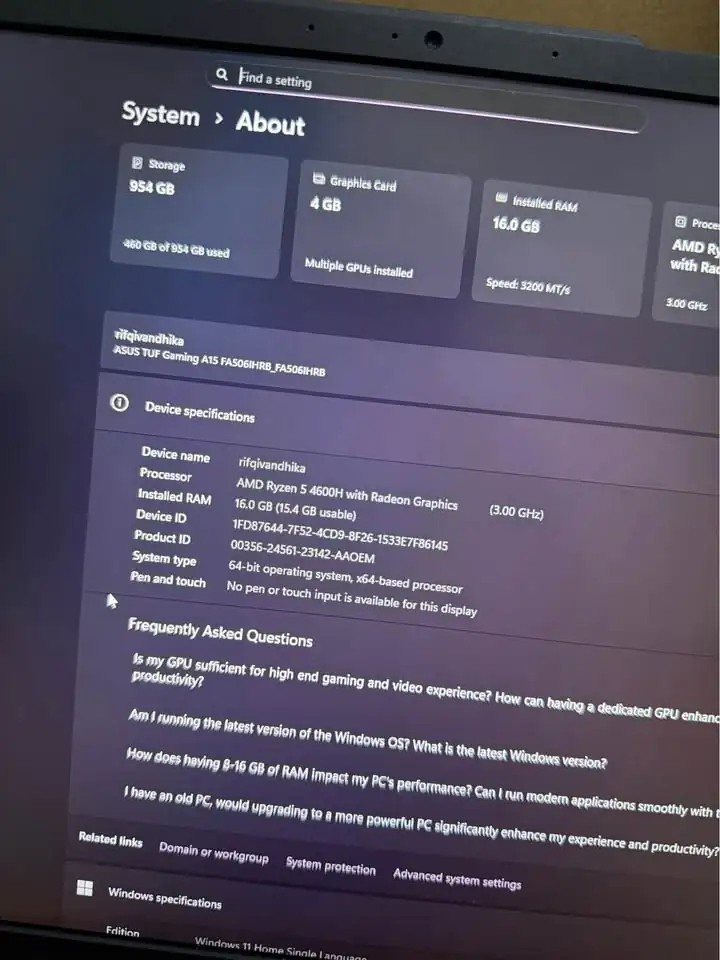JUAL LAPTOP ASUS GAMING TUF A15 RAM 16GB SSD 1TB