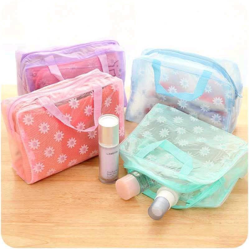 Plastik Transparant Anti Air Motif Bunga Pouch Make Up Waterproof