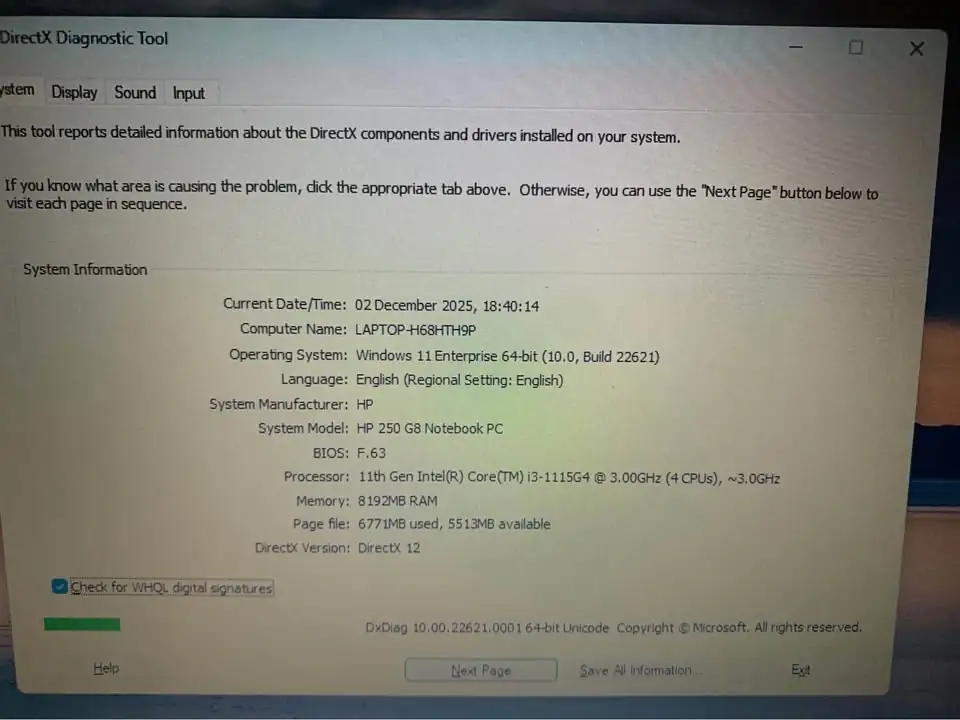 Laptop HP 250 G8 Slim -Processor Gen 11th Core i3 1115G4 /RAM 8/512