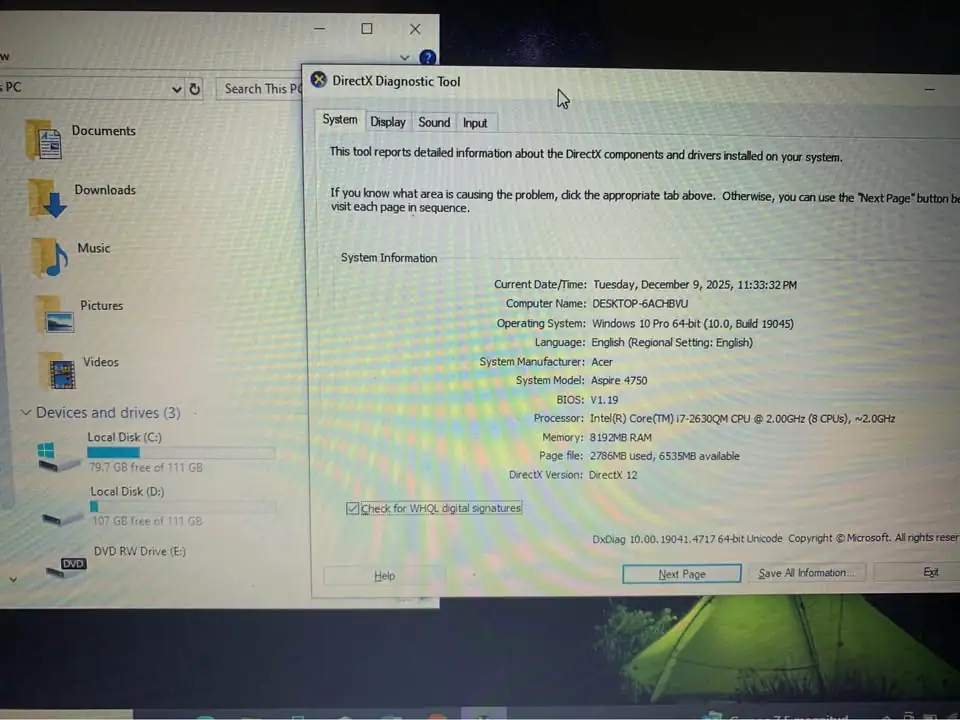 Laptop Acer aspire 4750G -Processor Core i7-2630QM (8CPUs) ~2.0Ghz