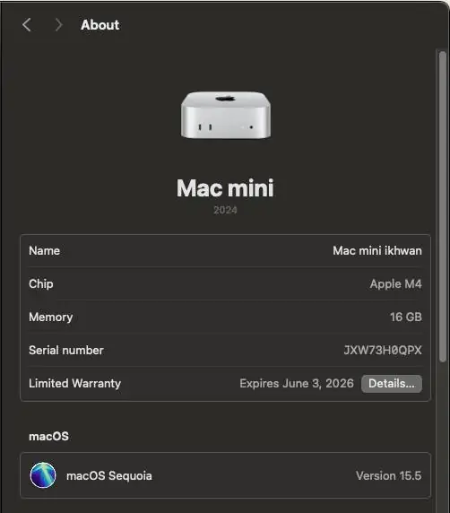 DIJUAL Mac Mini M4 16/256