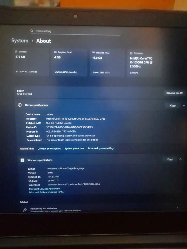 Laptop Gaming MSI GF63 Thin 10SCR i5-10500 Gen 10th
